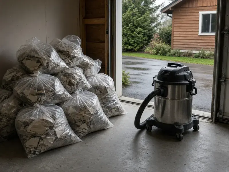 Bagged moldy drywall beside a HEPA vacuum in a Langley garage