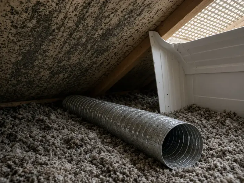 Disconnected bath fan duct on attic insulation in Langley