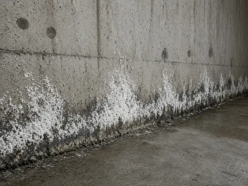 Efflorescence and mold along a concrete basement wall in Langley