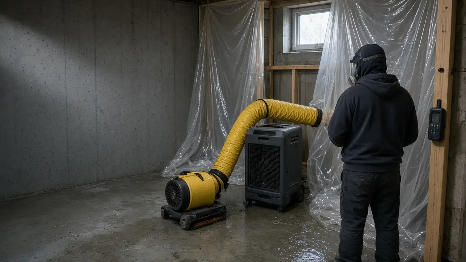 HEPA air scrubber and containment sheeting in a Langley BC basement