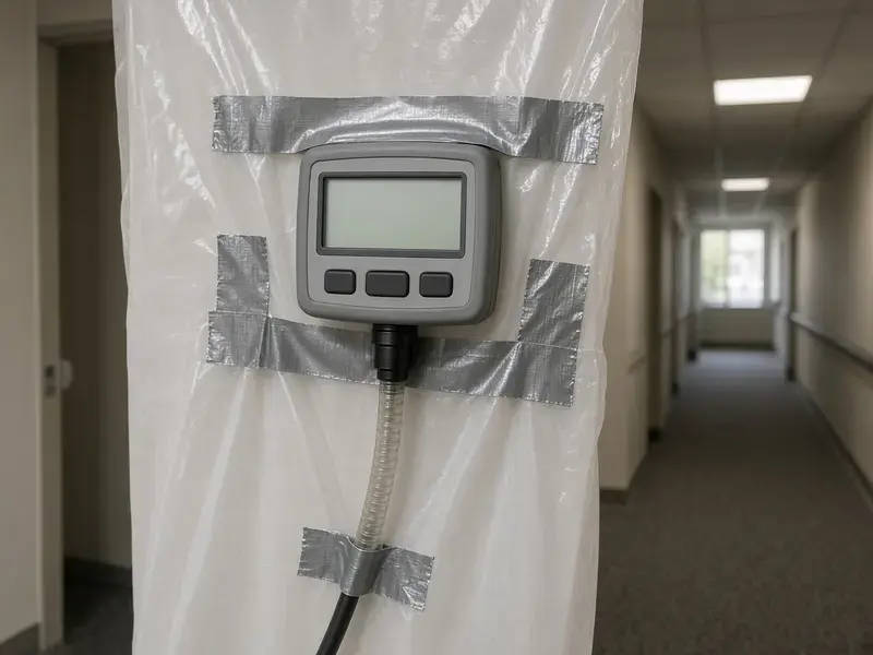 Manometer checking pressure across containment plastic in Langley