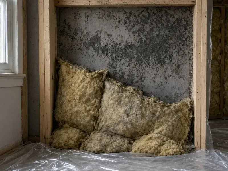 Opened stud bay with insulation pulled for mold in walls in Langley