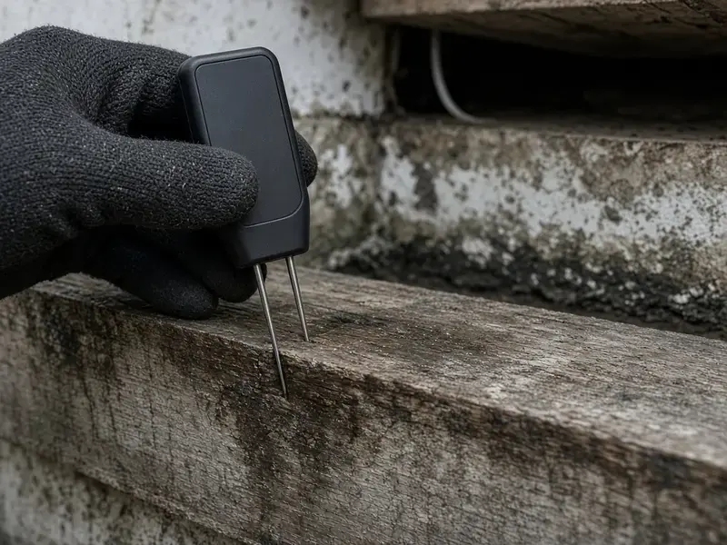 Pin moisture meter in a sill plate during a Langley mold inspection
