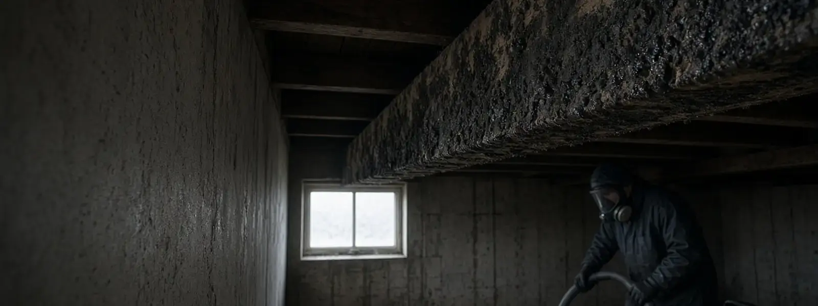 Dark mold on a basement ceiling joist during black mold removal in Langley BC