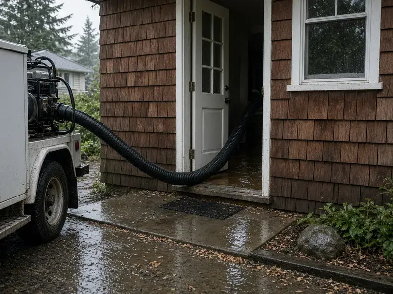Extraction hose running into a wet Langley house