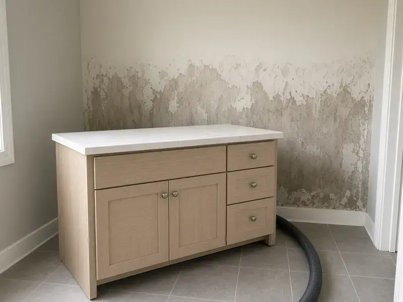 Drywall removed from behind a bathroom vanity in Langley