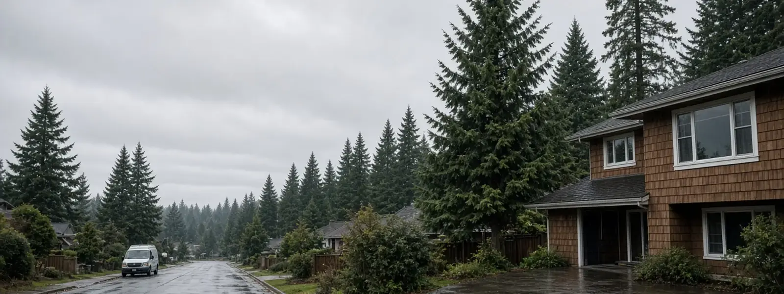 Rain-soaked cedar house on a Langley BC residential street