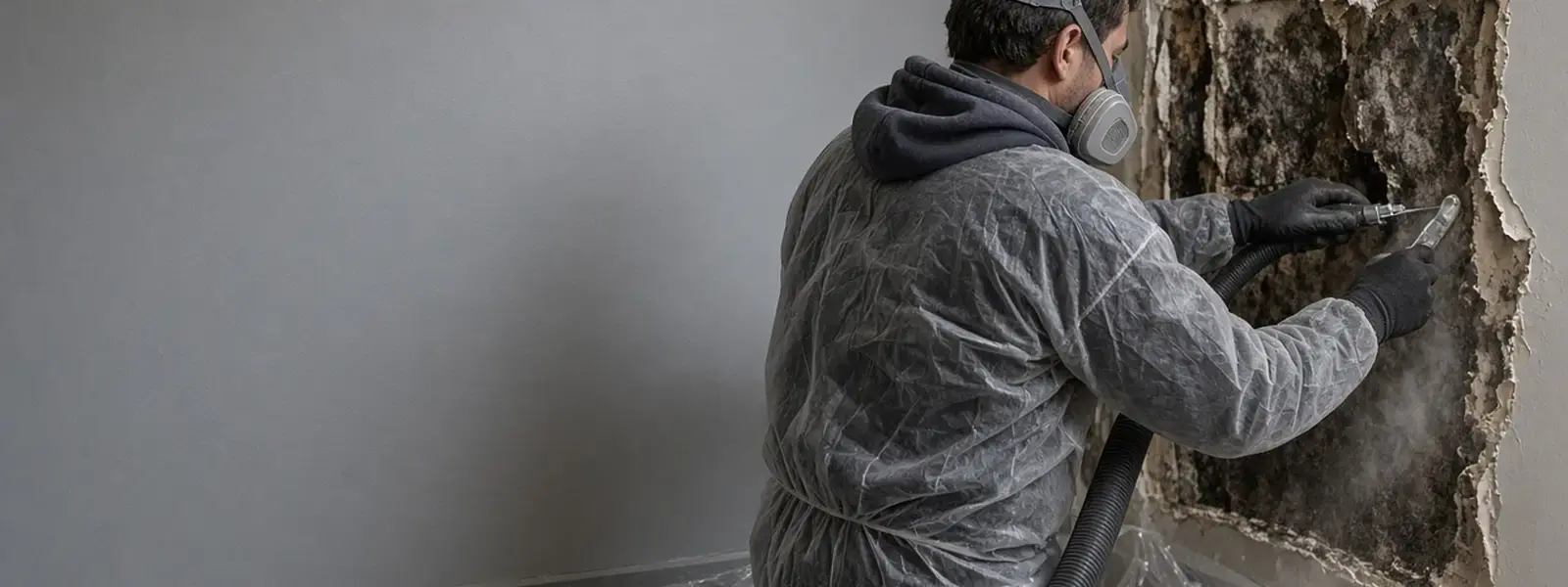 Technician removing moldy drywall with a HEPA vacuum in a Langley BC home